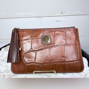 Dooney & Bourke Brown Croc-Embossed Leather Tassel Pouch